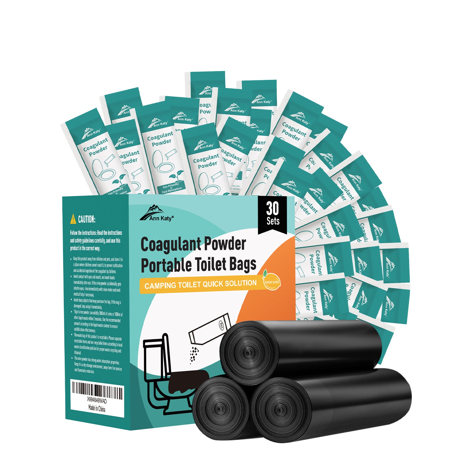 Annkaty Portable Toilet Bags Set 30 Packs,Portable & Fast-Absorbing Camp Toilet Chemicals with 5 Gallon Bucket Toilet Luggable Drawstring Bag, Emergency Bag&Potty Absorbing Gel