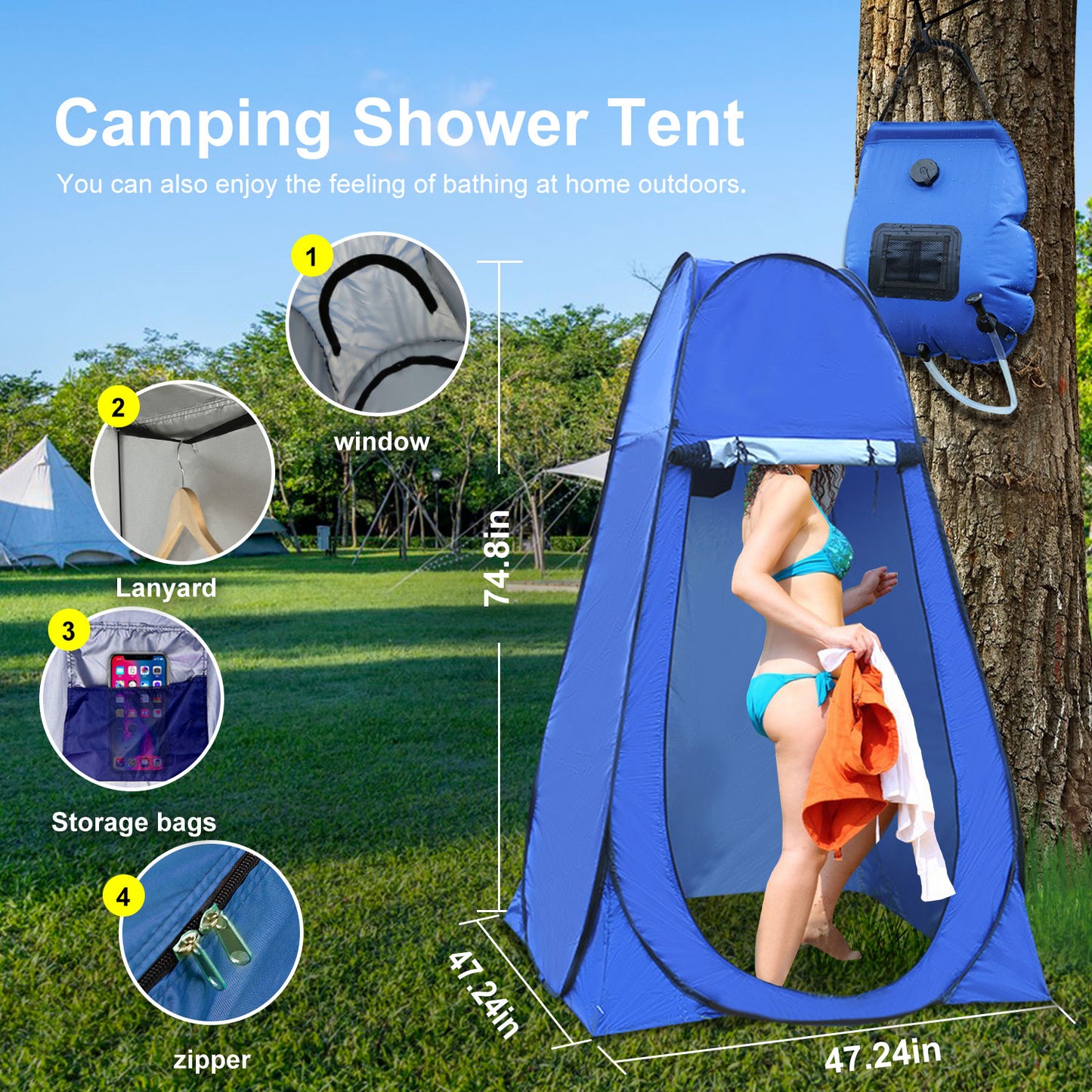 Annkaty Pop Up Privacy Tent Camping Shower Tent Kit 2 Pcs, 5 Gallon Outdoor Solar Portable Shower Bag Waterproof .Instant Tent Sun Beach Easy Set Up&Foldable for Hiking,Fishing,Beach,Washing