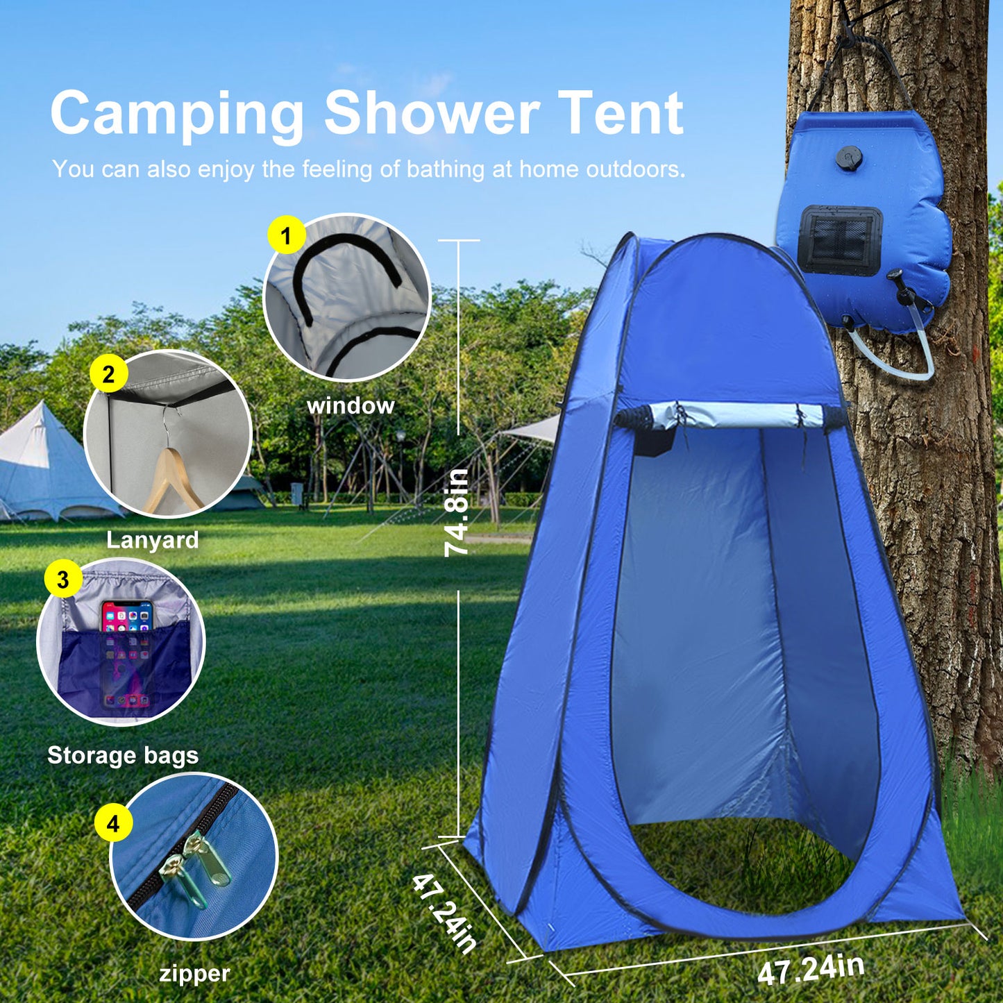 Annkaty Pop Up Privacy Tent Camping Shower Tent Kit 2 Pcs, 5 Gallon Outdoor Solar Portable Shower Bag Waterproof .Instant Tent Sun Beach Easy Set Up&Foldable for Hiking,Fishing,Beach,Washing